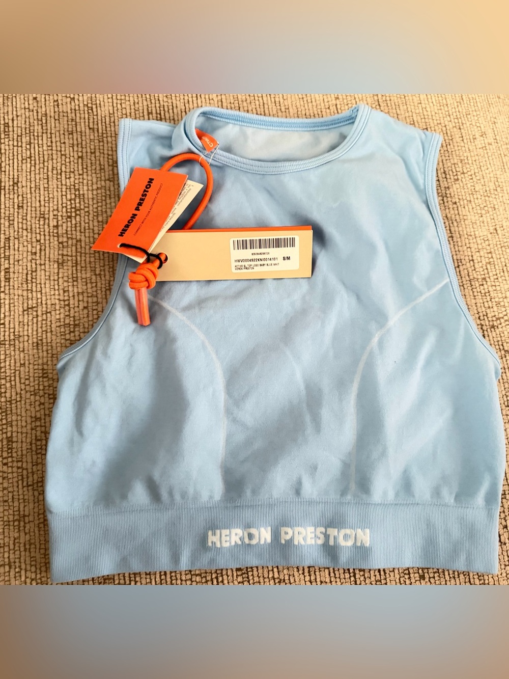 Heron Preston Light Blue Branded Cropped Tank with Orange Tag